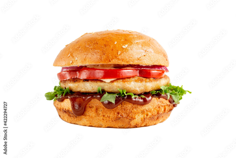 Delicious burger with greens and red bell peppers on a white isolated background. Tasty fresh unhealthy burgers with cheese and two patties. Fast food, unhealthy food concept.. Delicious burger with greens and red bell peppers on a white isolated background. Tasty fresh unhealthy burgers with cheese and two patties. Fast food, unhealthy food concept..
