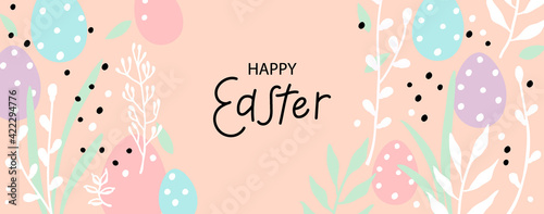 Happy Easter greeting card. Trendy design with typography, hand drawn easter eggs, twigs, leaves and dots in pastel colors. Modern flat minimal style. Horizontal poster, header or banner for website