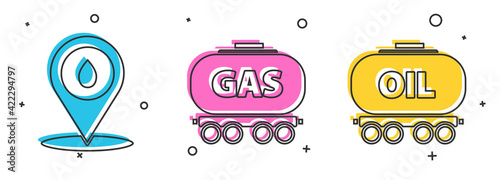 Set Refill petrol fuel location, Gas railway cistern and Oil railway cistern icon. Vector
