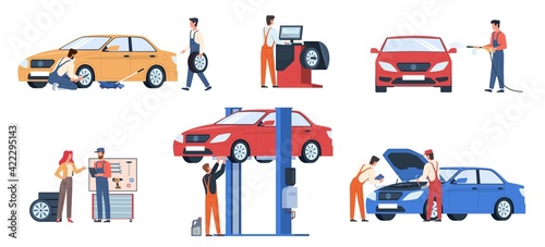 Car service workers. People in repair process, mechanics work fix breakdowns, change automobile details, make diagnosis and wash auto in garage. Maintenance vehicle vector flat scenes set