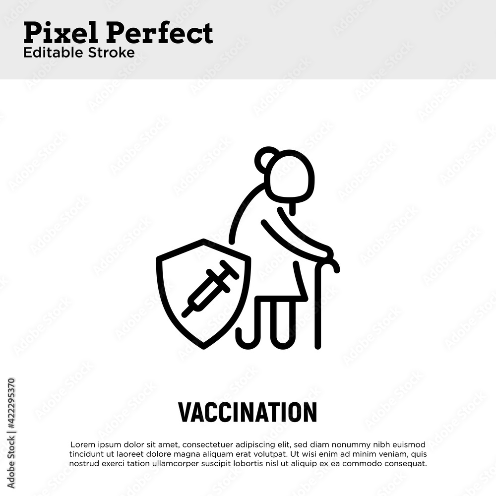 Coronavirus vaccination. Virus protection: elderly woman is protected by shield with vaccine. Immune system, antibiotics. Thin line icon. Pixel perfect, editable stroke. Vector illustration. Coronavirus vaccination. Virus protection: elderly woman is protected by shield with vaccine. Immune system, antibiotics. Thin line icon. Pixel perfect, editable stroke. Vector illustration.