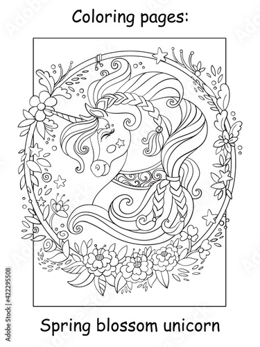 Coloring book page unicorn head wreath of flowers