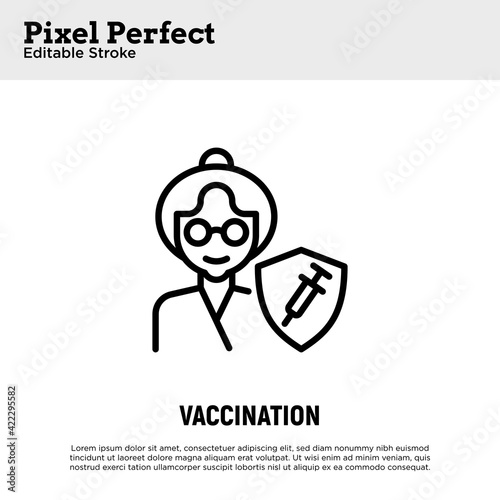 Coronavirus vaccination. Virus protection: elderly woman is protected by shield with vaccine. Immune system, antibiotics. Thin line icon. Pixel perfect, editable stroke. Vector illustration.
