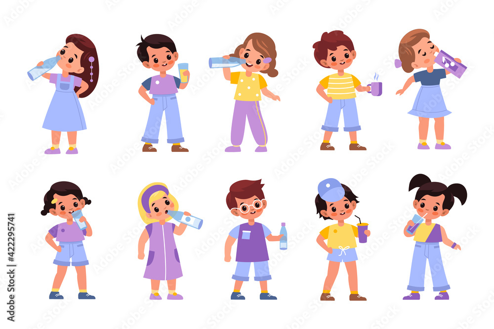 Children drink. Little boys and girls consume variety beverages, happy kids having juices, milk and tea, young people with cups, glasses and bottles collection. Vector cartoon isolated set
