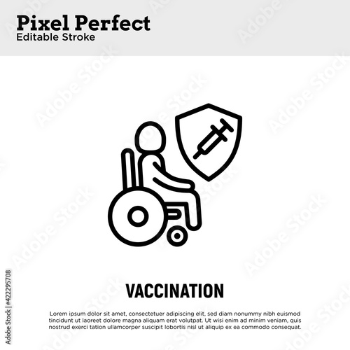 Coronavirus vaccination. Virus protection: disabled is protected by shield with vaccine. Immune system, antibiotics. Thin line icon. Pixel perfect, editable stroke. Vector illustration.