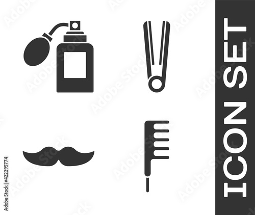 Set Hairbrush, Aftershave bottle with atomizer, Mustache and Curling iron for hair icon. Vector