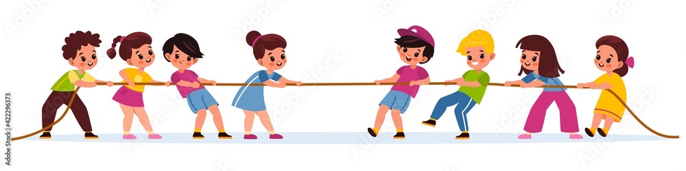 Vecteur Stock Kids pulling rope. Team game tug of war, children groups  competition, happy boys and girls play outdoors, equal and counteracting  forces. Team sport or battle vector cartoon concept | Adobe