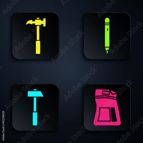 Set Cement bag, Claw hammer, Hammer and Pencil with eraser. Black square button. Vector