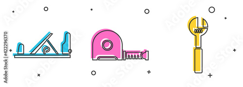 Set Wood plane tool, Roulette construction and Adjustable wrench icon. Vector