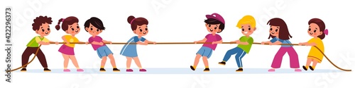 Kids pulling rope. Team game tug of war, children groups competition, happy boys and girls play outdoors, equal and counteracting forces. Team sport or battle vector cartoon concept photo