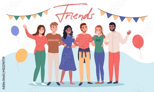 People hugging together. Happy friends group, smiling people standing together in each others arms, funny young team embraces, good relationship. Men and women on party vector concept