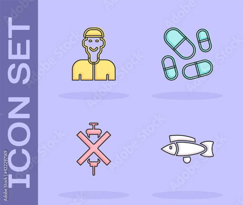 Set Fish, Positive thinking, No doping syringe and Vitamin pill icon. Vector