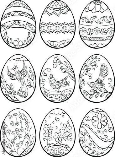 Flowers and birds Easter eggs coloring for kids, line art floral ornament