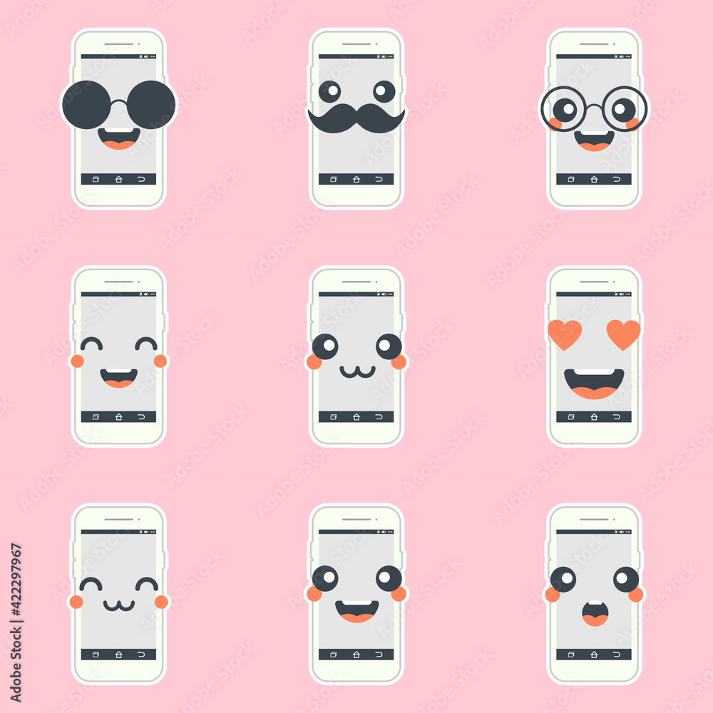 Cute and kawaii smartphone flat design, mobile phone cartoon character