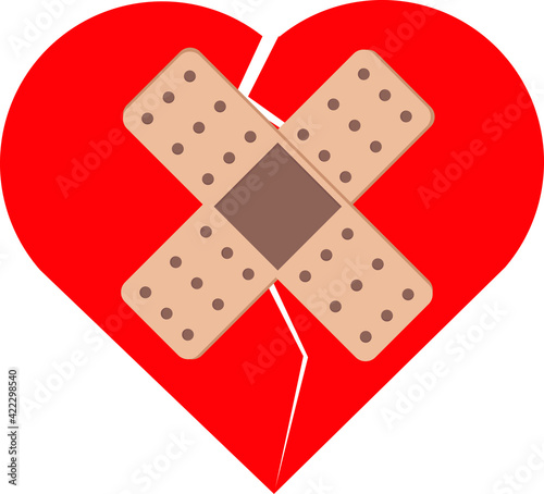 Broken heart with medical plaster. Parting symbol.