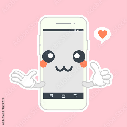 Cute and kawaii smartphone flat design, mobile phone cartoon character. Vector flat line cartoon kawaii character illustration icon. Callphone, smartphone with character face app concept