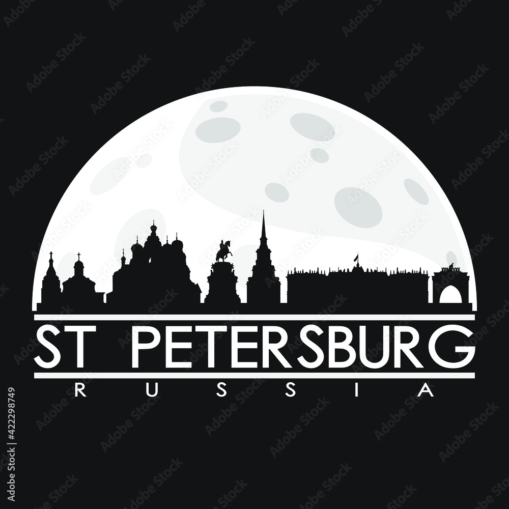 St Petersburg Russia Full Moon Night Skyline Silhouette Design City Vector Art Background Illustration.
