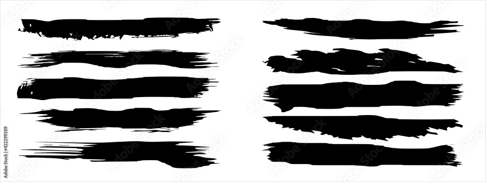 Vector collection of artistic grungy black paint hand made creative brush stroke set isolated on banner background. A group of abstract grunge sketches for design education or graphic art decoration Vector collection of artistic grungy black paint hand made creative brush stroke set isolated on banner background. A group of abstract grunge sketches for design education or graphic art decoration