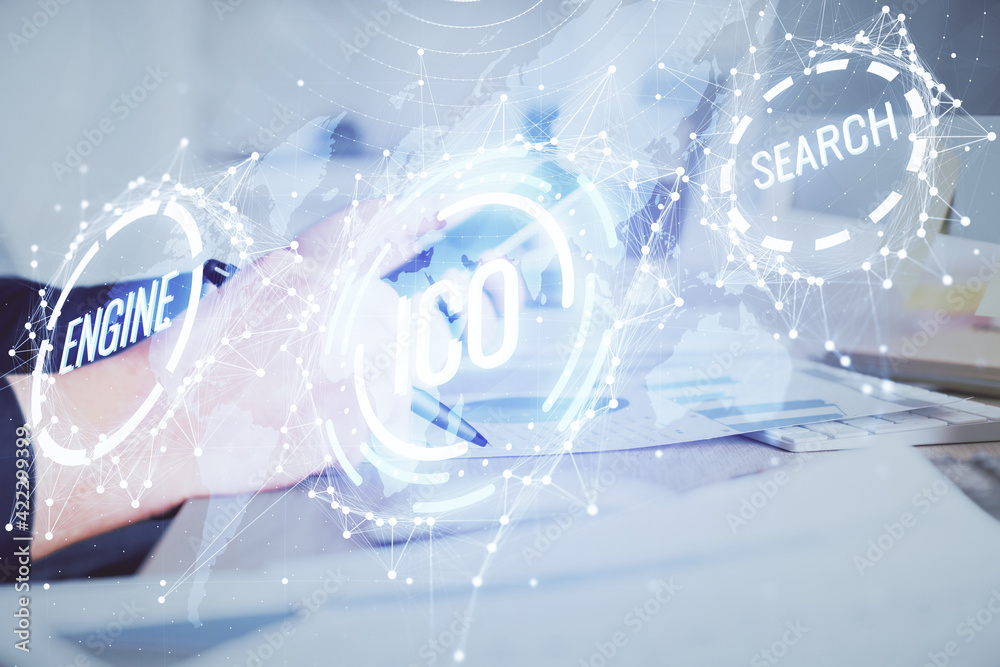 Double exposure of man's hands holding and using a phone and crypto currency blockchain theme drawing. Double exposure of man's hands holding and using a phone and crypto currency blockchain theme drawing.