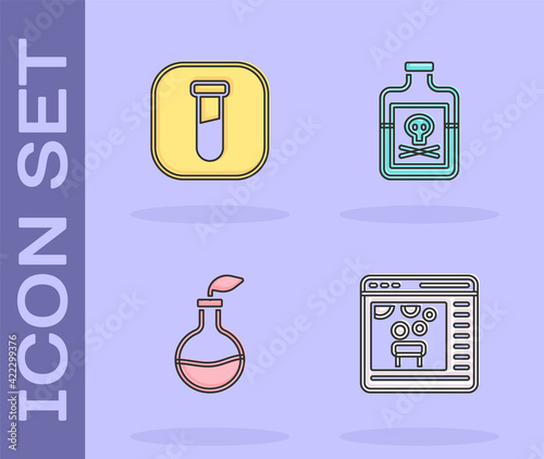 Set Chemical online, Test tube and flask, Plant breeding and Poison bottle icon. Vector