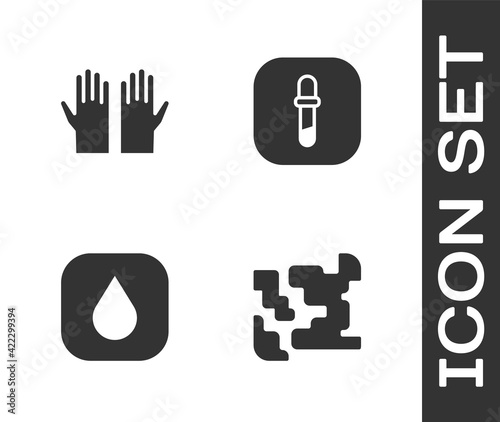 Set Gaseous, Medical rubber gloves, Water drop and Pipette icon. Vector