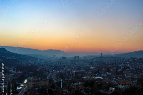 Colorful sky and sunset over Sarajevo. City of Sarajevo before night. Sarajevo, Bosnia and Herzegovina. © Mahir