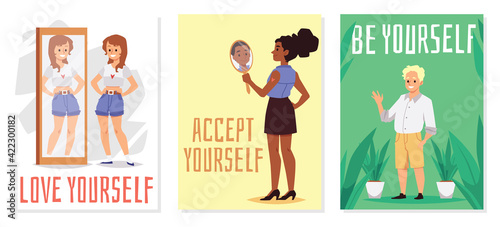 Positive people look reflection in mirror with self acceptance a vector posters.