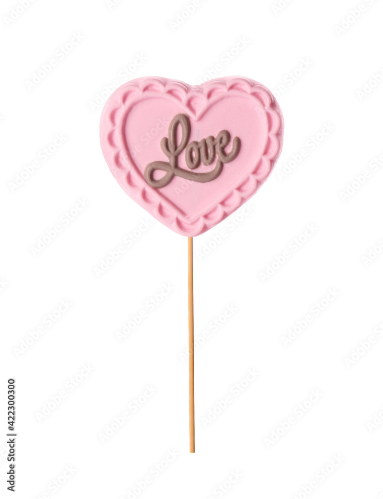 Woman holding heart shaped lollipops made of chocolate on white background, closeup