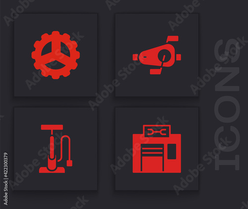 Set Bicycle repair service, sprocket crank, pedals and pump icon. Vector