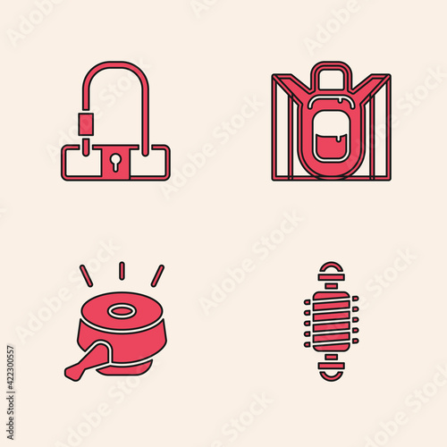 Set Bicycle suspension, lock, Hiking backpack and bell icon. Vector
