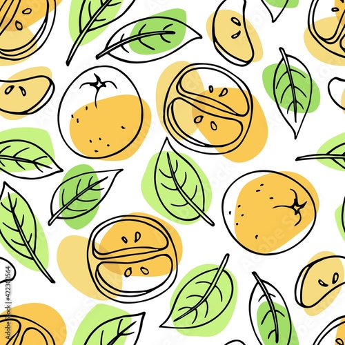 Bright seamless pattern with Tangerine fruit and leaves. Mandarins hand drawn vector doodle sketch with orange, green colors. Food pattern For textile, fabric, wrapping paper, wallpaper, scrapbooking.