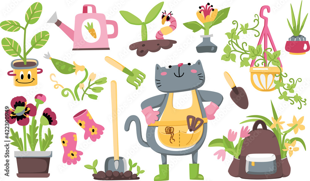 Naklejka premium Vector set with gardener cat, garden tools, and plants.