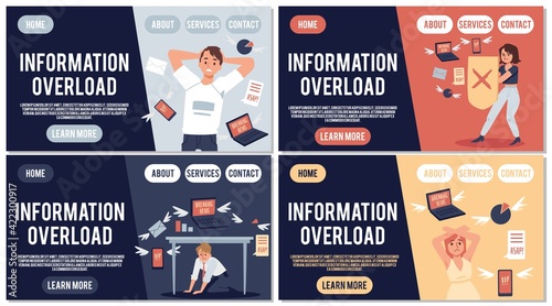Set of web banners of information overload, flat vector illustration isolated.