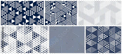 3D dotted cubes seamless patterns vector backgrounds set, dots dimensional blocks, architecture and construction, geometric designs.
