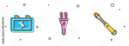 Set Battery, Electric plug and Screwdriver icon. Vector