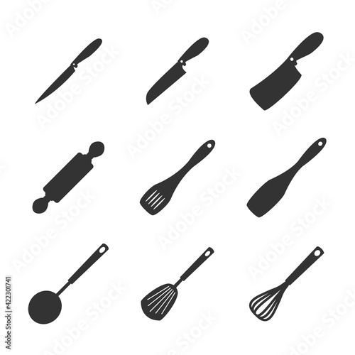 Kitchen tools icon set. Cooking silhouette black elements. Dinning symbols. Vector illustration isolated on white background