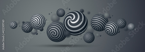 Abstract spheres vector background, composition of flying balls decorated with patterns, 3D mixed variety realistic globes with ornaments, realistic depth of field effect.