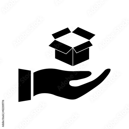 Box in hand icon. Delivery concept. Black silhouette. Open container. Offer symbol. Vector illustration isolated on white 
