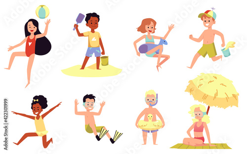 Happy toddlers boys and girls have fun on summer sea beach a vector illustration