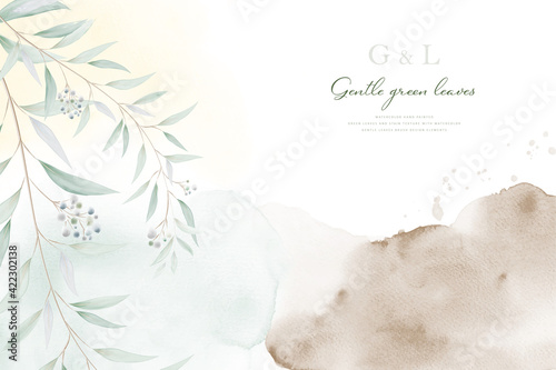 Beautiful background with gentle green leaves and stains watercolor