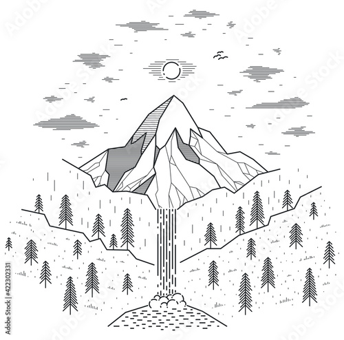 Mountains range and waterfall vector illustration isolated on white, beauty in nature theme, hiking camping and travel theme line art drawing.
