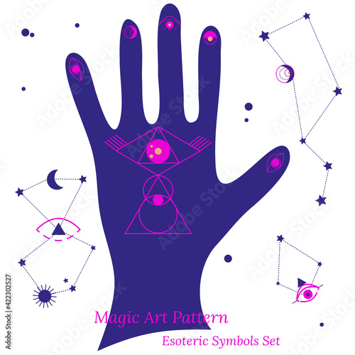 Set of esoteric symbols for fortune telling by hand. Illustration of magic session, look into future, connection with universe, hand and palmistry signs. Vector drawing for tarot cards, web pages.