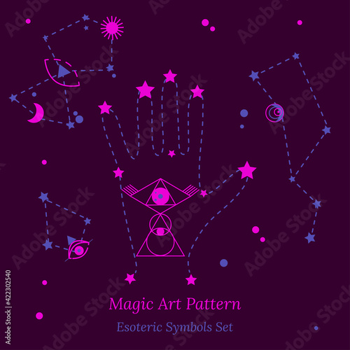 Set of esoteric symbols for fortune telling by hand. Illustration of magic session, look into future, connection with universe, hand and palmistry signs. Vector drawing for tarot cards, web group.