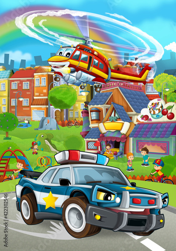 cartoon scene with helicopter flying in the city © honeyflavour