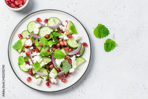 Low calorie raw pomegranate cucumber salsa, red onion mint vinegar gressing. Space for text, top view.