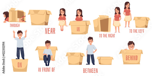 Prepositions place and direction on English, flat vector illustration isolated.