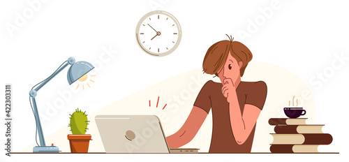 Young man alarmed in problem working on a project in stress vector flat illustration isolated, urgent panic deadline job in office or home, solving problem.