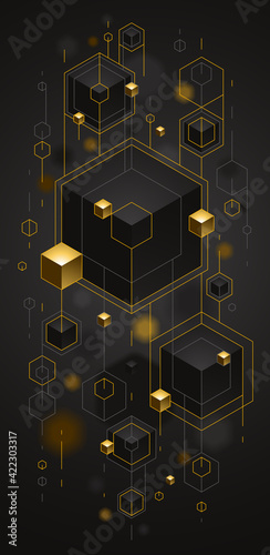 Cubes cluster with golden elements lines and dots vector abstract background, 3D abstraction vip luxury style, jewelry classy elegant geometric design, shiny gold.