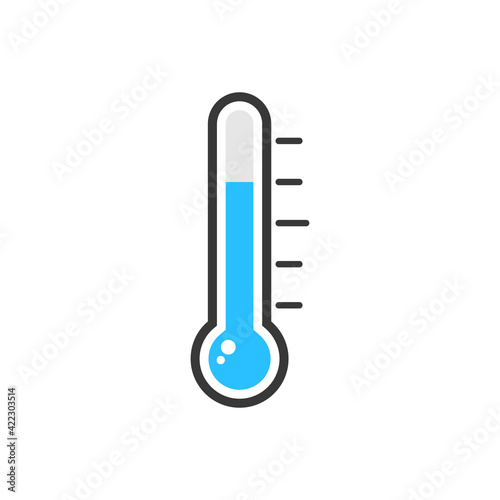 Thermometer icon. Measurement instrument. Weather thermometer with blue mercury. Medical device. Vector illustration isolated on white.