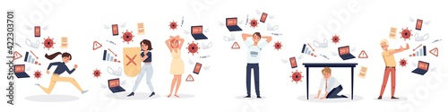 Worried upset people characters feeling stress of information overload, flat vector illustration isolated on white background. Banner with modern stressed people.